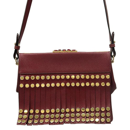 Prada Shoulder Bag Gold Fringe Line Stone Leather