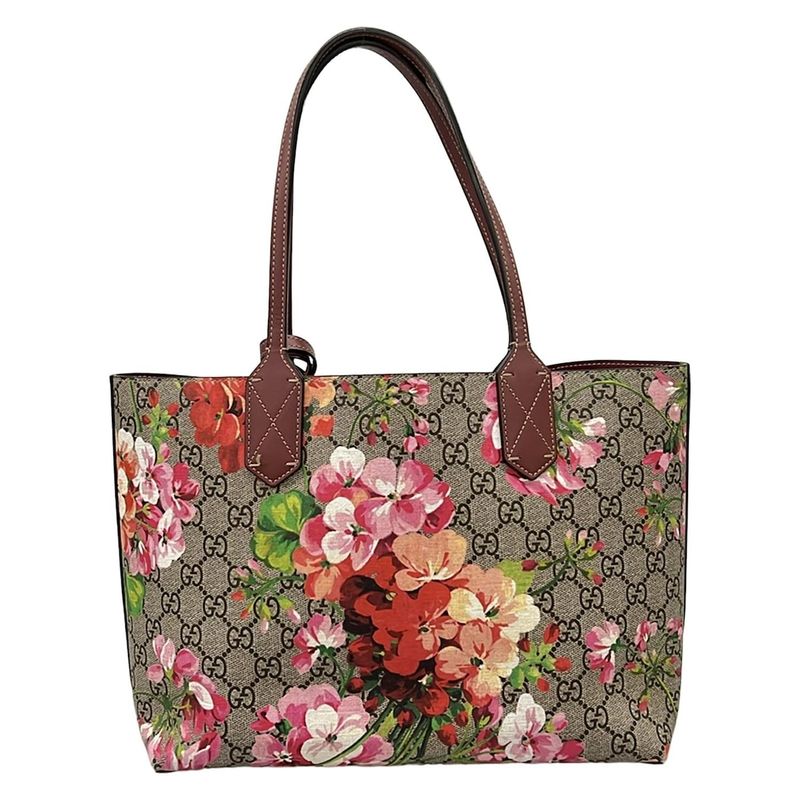 Gucci Tote GG Blooms Gray Gold Multi Reversible Leather