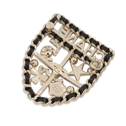 Chanel Brooch CC Logo Emblem Icon Line Stone Faux Pearl