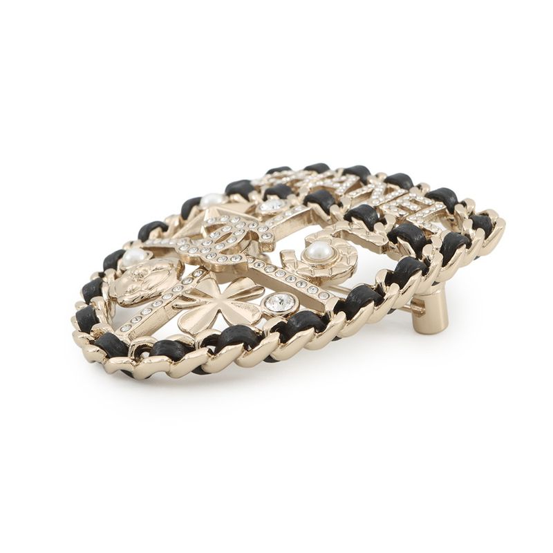 Chanel Brooch CC Logo Emblem Icon Line Stone Faux Pearl