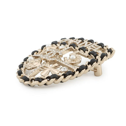 Chanel Brooch CC Logo Emblem Icon Line Stone Faux Pearl