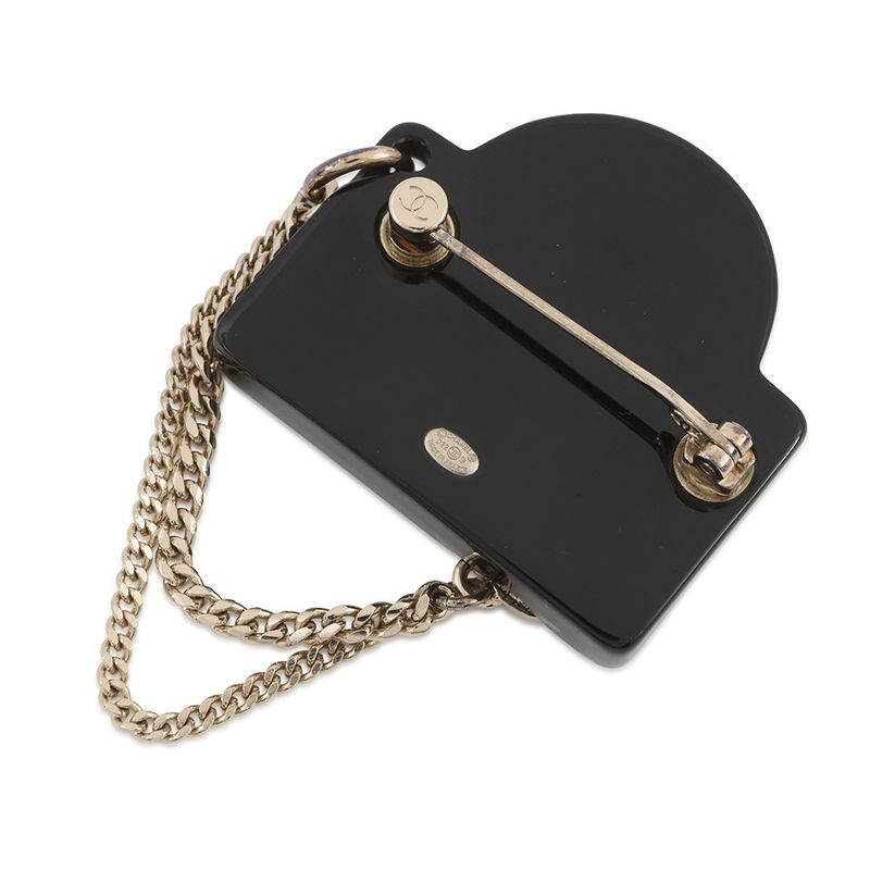 Chanel Brooch CC Logo Chain Line Stone Faux Pearl