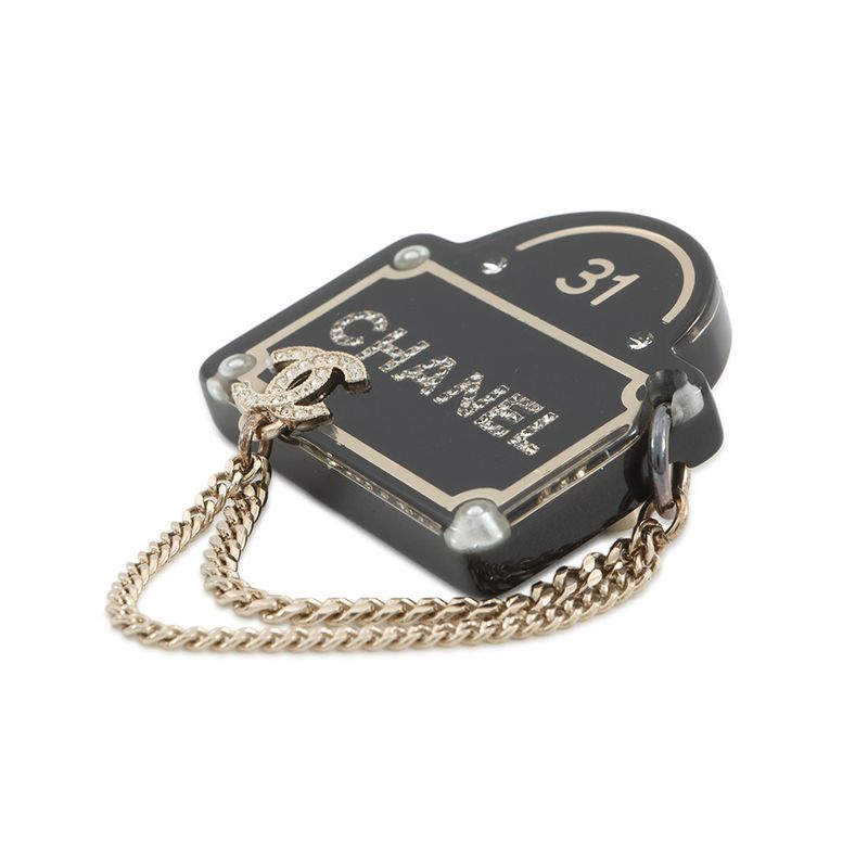 Chanel Brooch CC Logo Chain Line Stone Faux Pearl