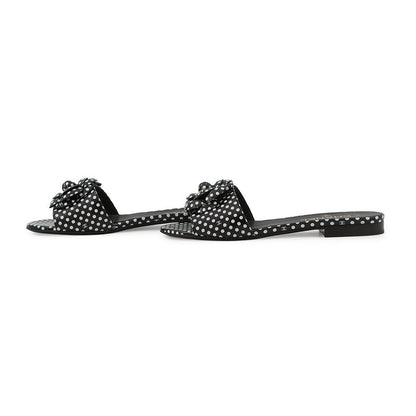 Chanel Sandals CC Logo Camellia Dot Lambskin 38c Shoes Mule Black White