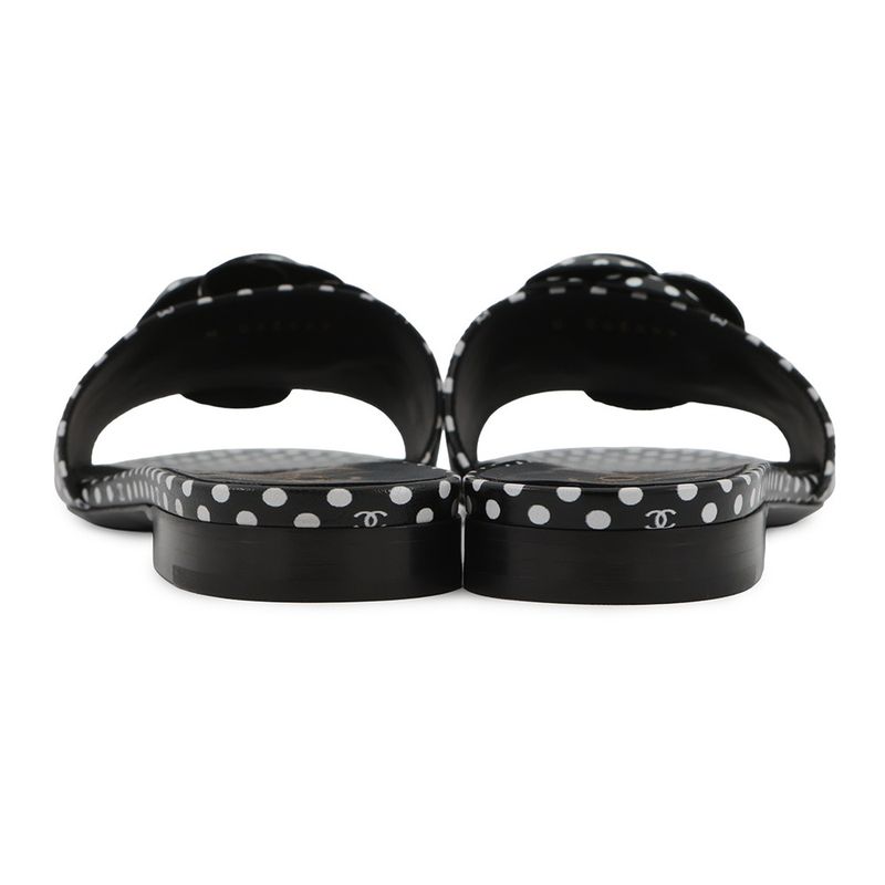 Chanel Sandals CC Logo Camellia Dot Lambskin 38c Shoes Mule Black White