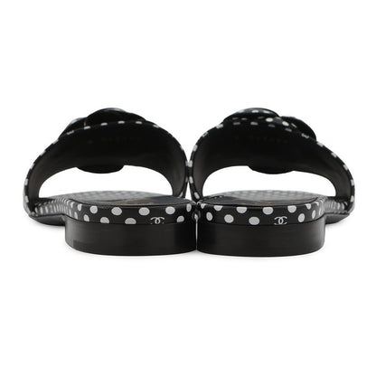 Chanel Sandals CC Logo Camellia Dot Lambskin 38c Shoes Mule Black White