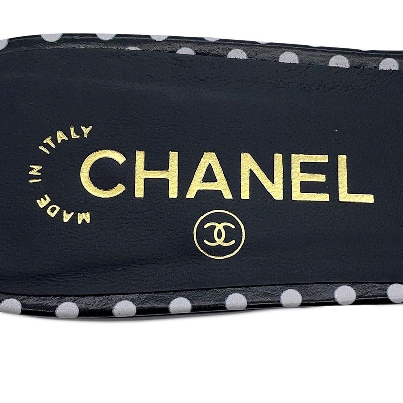 Chanel Sandals CC Logo Camellia Dot Lambskin 38c Shoes Mule Black White