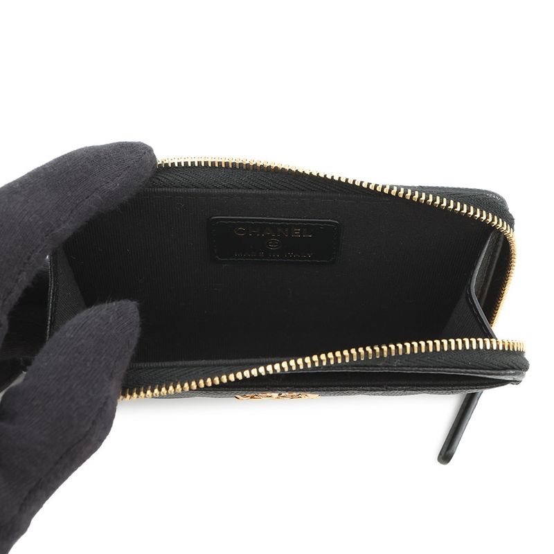 Chanel Coin Case CC Logo Quilted Fragment Caviar Leather Card Black