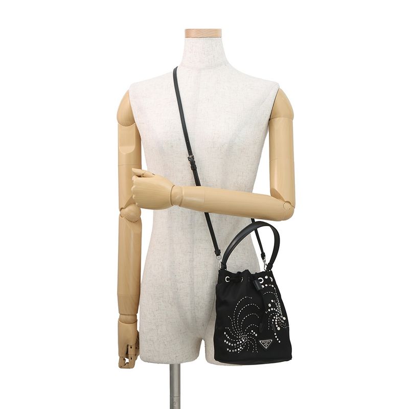 Prada Drawstring Line Stone Studded Beads Nylon 2-Way Shoulder Bag Black