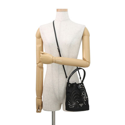 Prada Drawstring Line Stone Studded Beads Nylon 2-Way Shoulder Bag Black