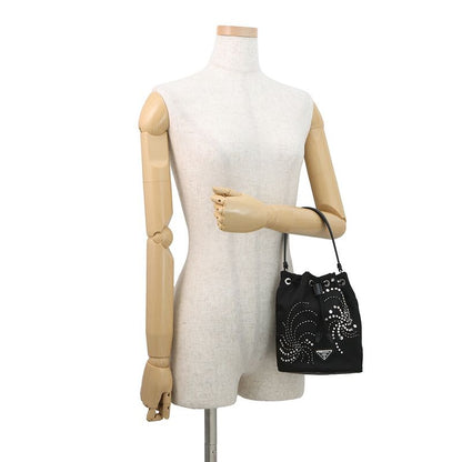 Prada Drawstring Line Stone Studded Beads Nylon 2-Way Shoulder Bag Black