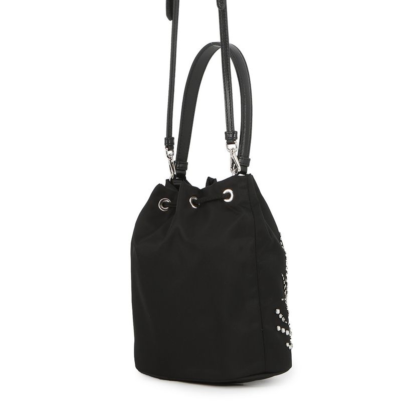 Prada Drawstring Line Stone Studded Beads Nylon 2-Way Shoulder Bag Black