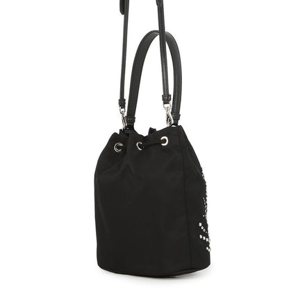 Prada Drawstring Line Stone Studded Beads Nylon 2-Way Shoulder Bag Black