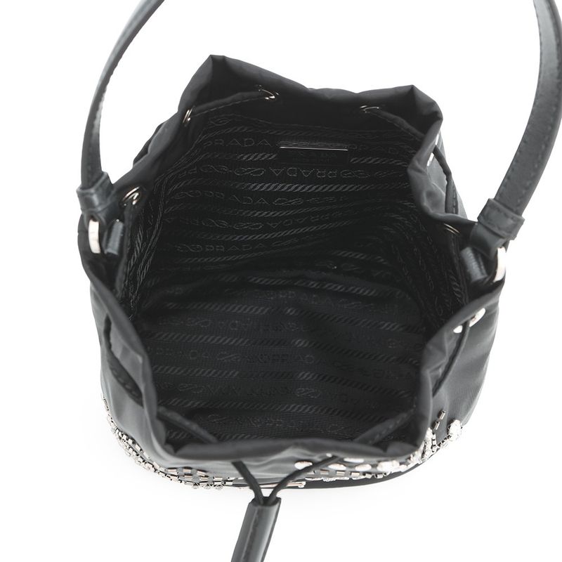 Prada Drawstring Line Stone Studded Beads Nylon 2-Way Shoulder Bag Black
