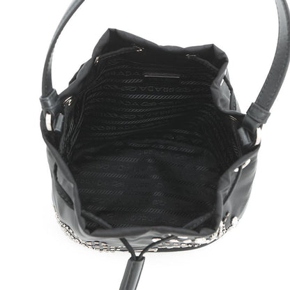 Prada Drawstring Line Stone Studded Beads Nylon 2-Way Shoulder Bag Black