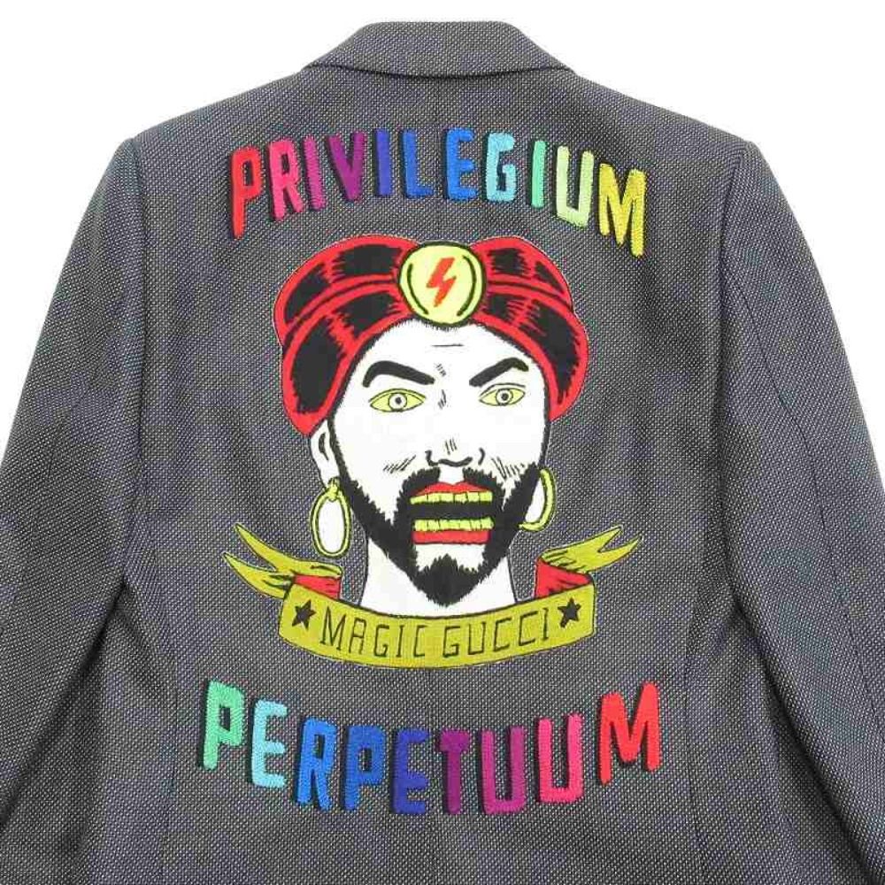 Gucci Back Logo Embroidery Tweed Jacket Blue Leather Peaked Lapel Michele Era 7