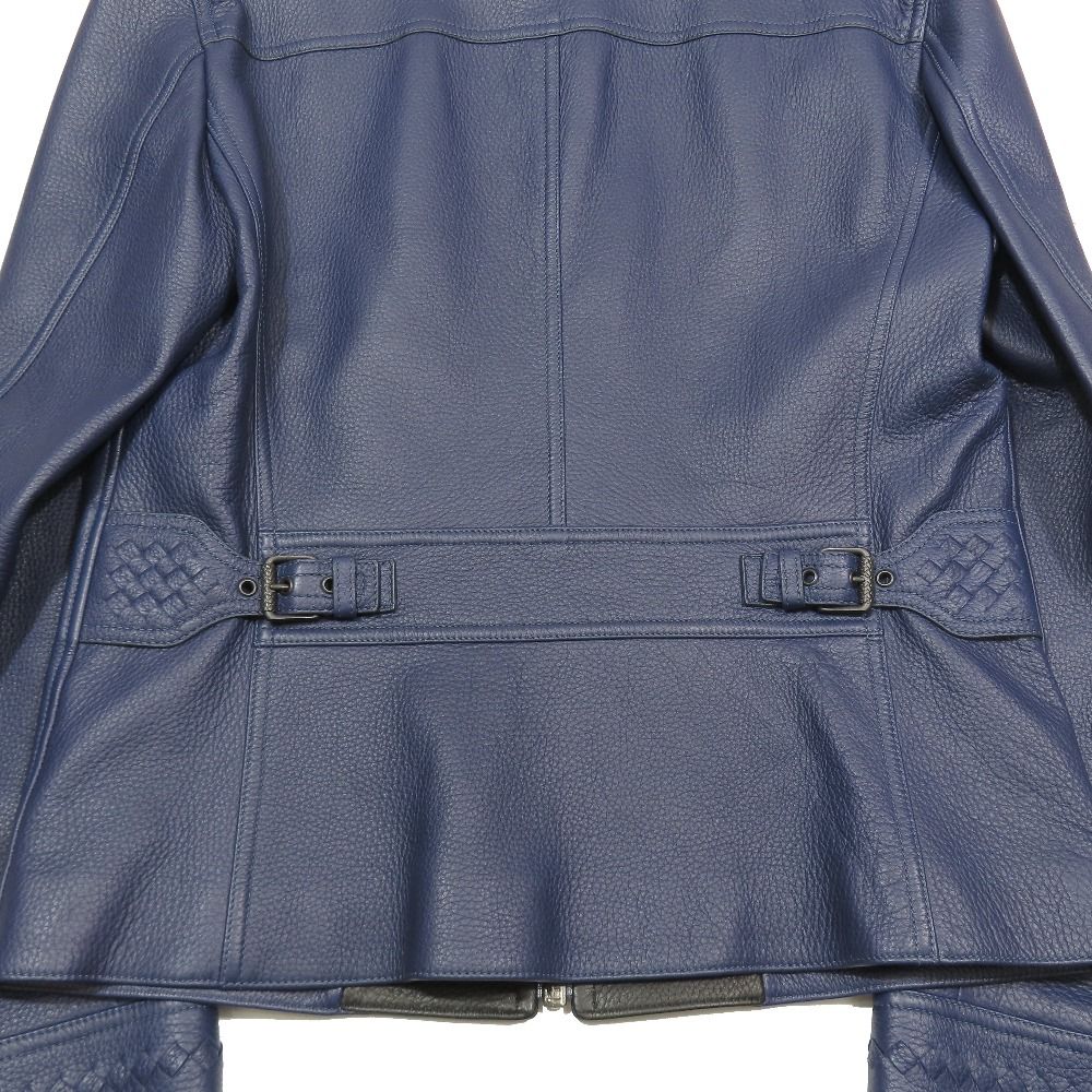 Bottega Veneta Deer Leather Intrecciato Single Rider Jacket 48 Blue