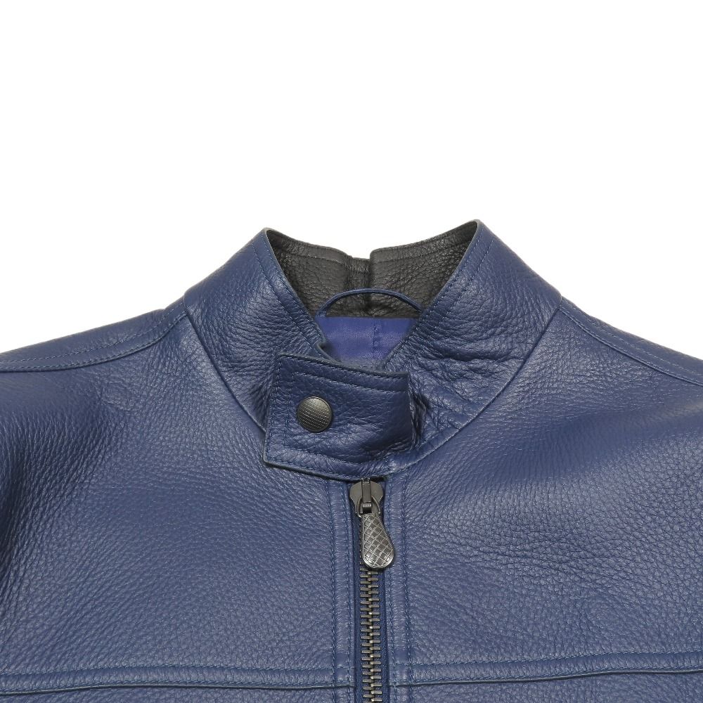 Bottega Veneta Deer Leather Intrecciato Single Rider Jacket 48 Blue