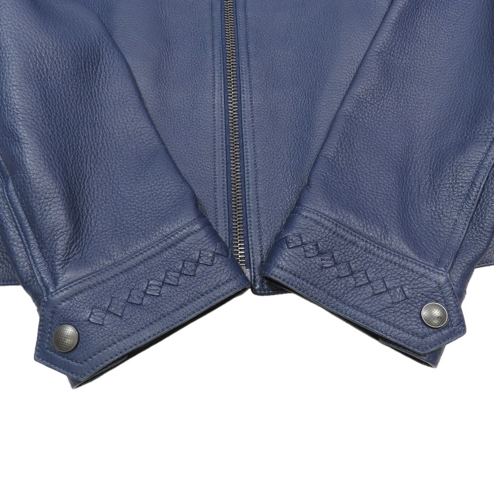 Bottega Veneta Deer Leather Intrecciato Single Rider Jacket 48 Blue