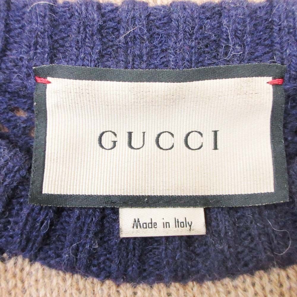 Gucci GG Pattern Border Sweater Knit Pullover Top Wool Long Sleeve Crew Neck M