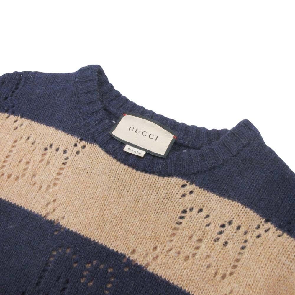 Gucci GG Pattern Border Sweater Knit Pullover Top Wool Long Sleeve Crew Neck M