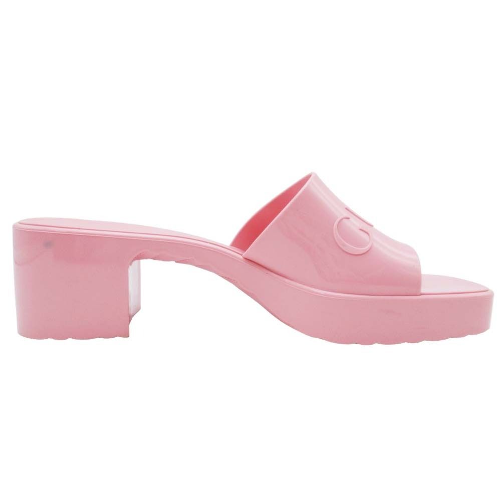 Gucci Embossed Logo Rubber Slide Sandals Chunky Heels Mules Shoes 37 Pink