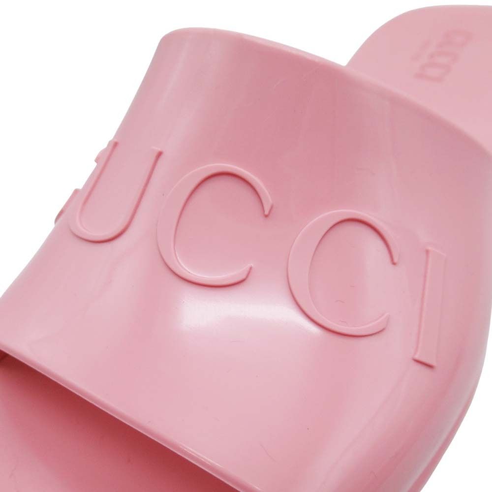 Gucci Embossed Logo Rubber Slide Sandals Chunky Heels Mules Shoes 37 Pink