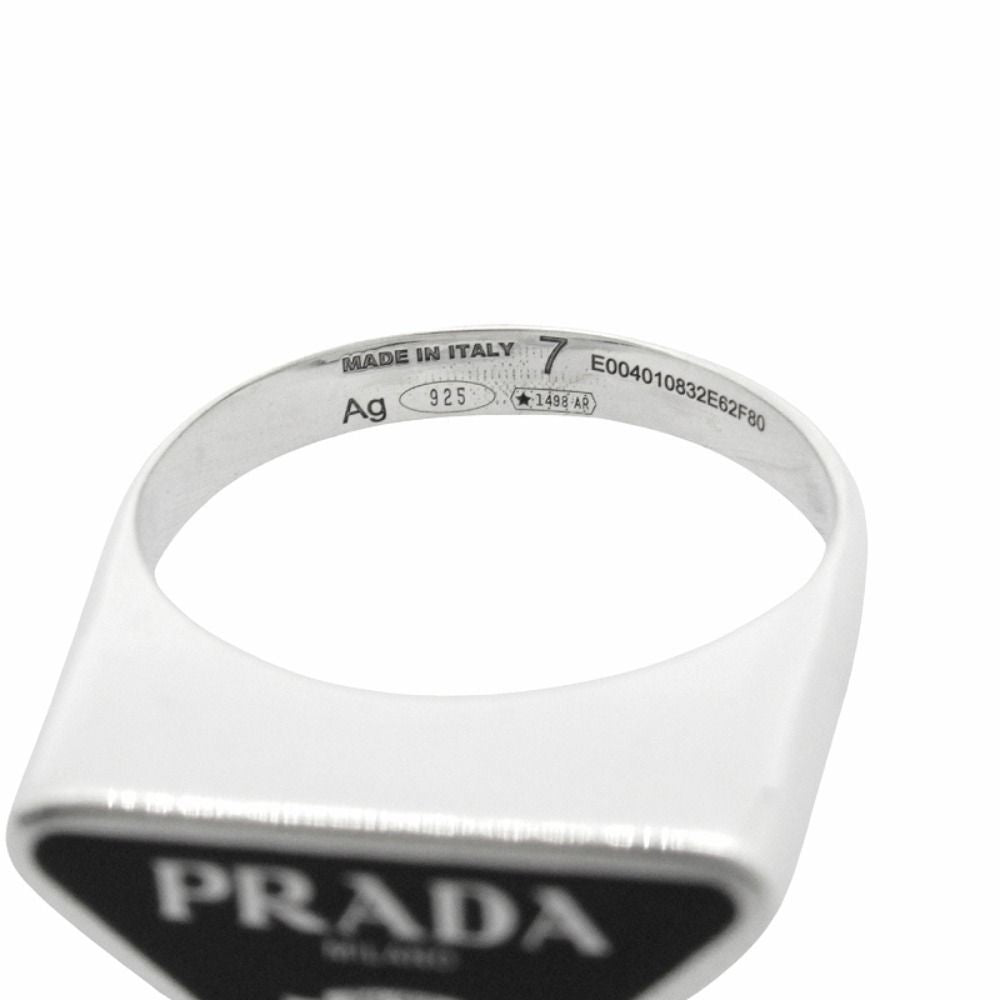 Prada Triangle Logo Symbol Ring Silver Black