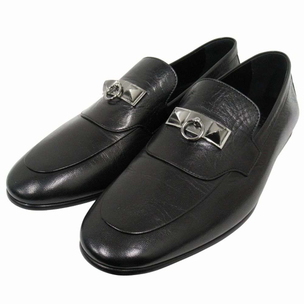 Hermes Blaise Loafers Shoes Slip on Leather Silver Collier de Chien 26 cm Black