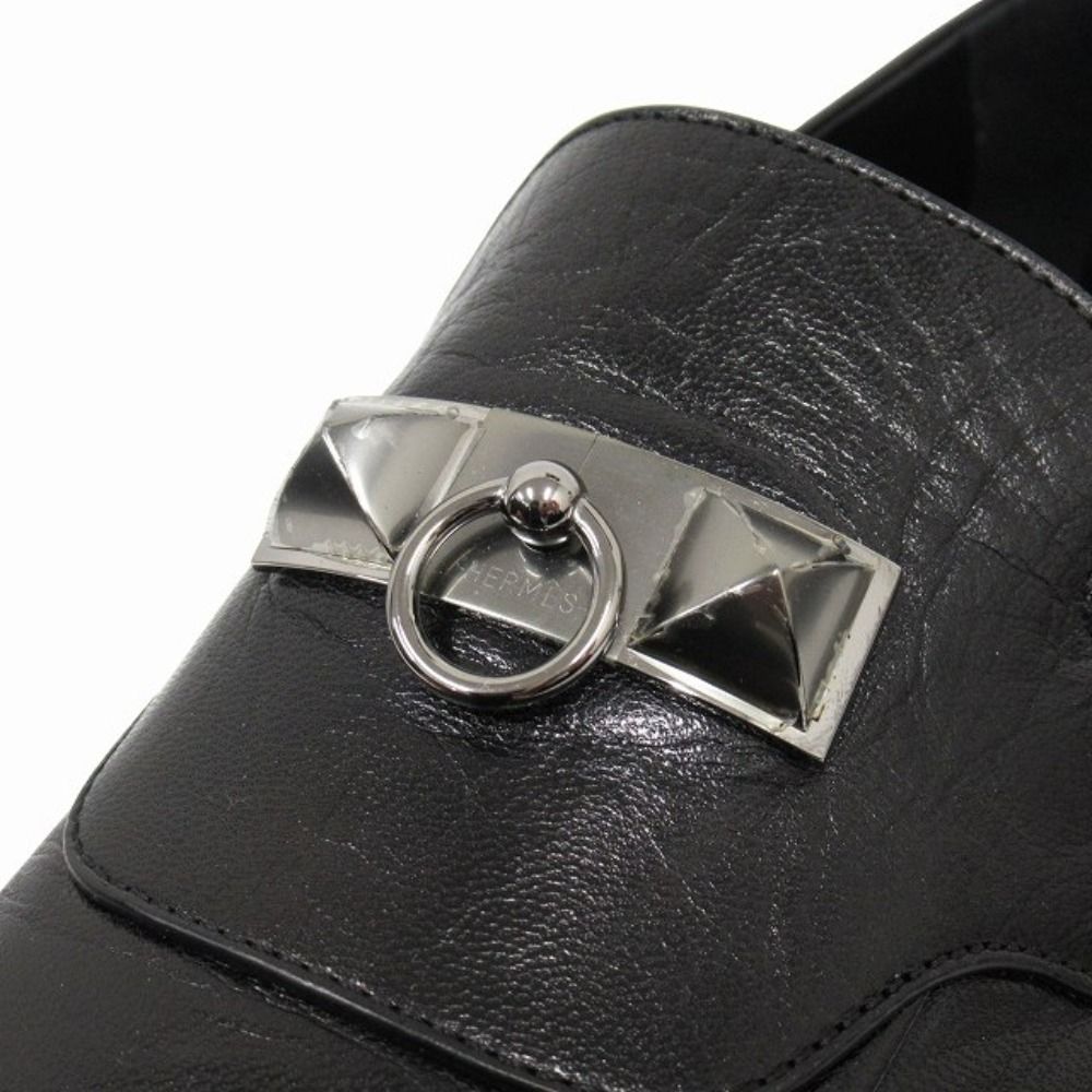 Hermes Blaise Loafers Shoes Slip on Leather Silver Collier de Chien 26 cm Black