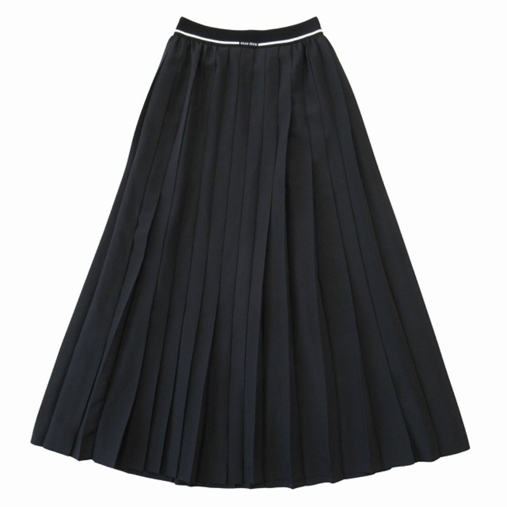 Miu Miu Waist Logo Band Easy Pleated Long Skirt Side Zip 38 Black