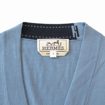 Hermes Wool Knit Cardigan Top Long Sleeve Logo Lightweight S Light Blue