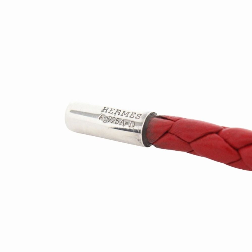 Hermes Polished Key Holder Key Ring Charm Braided Leather Silver Red