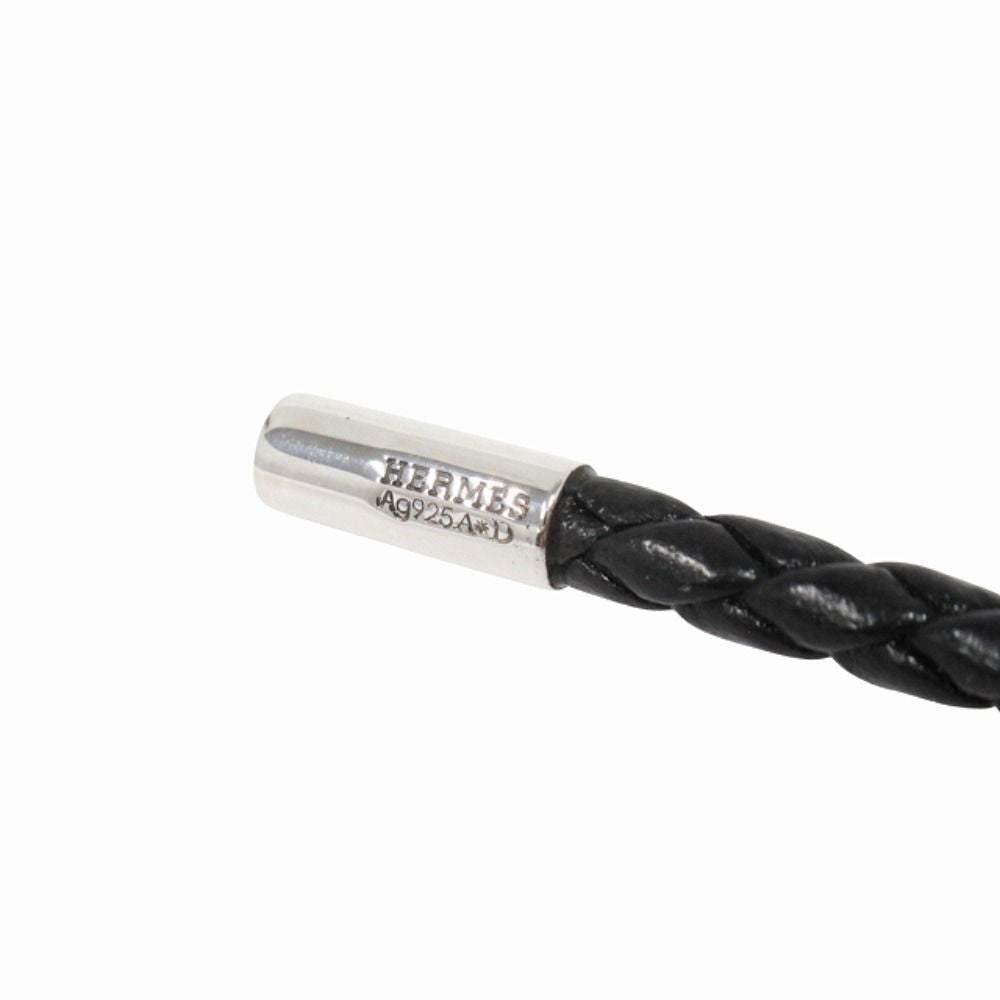 Hermes Polished Key Holder Key Ring Charm Braided Leather Silver Black