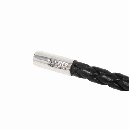 Hermes Polished Key Holder Key Ring Charm Braided Leather Silver Black