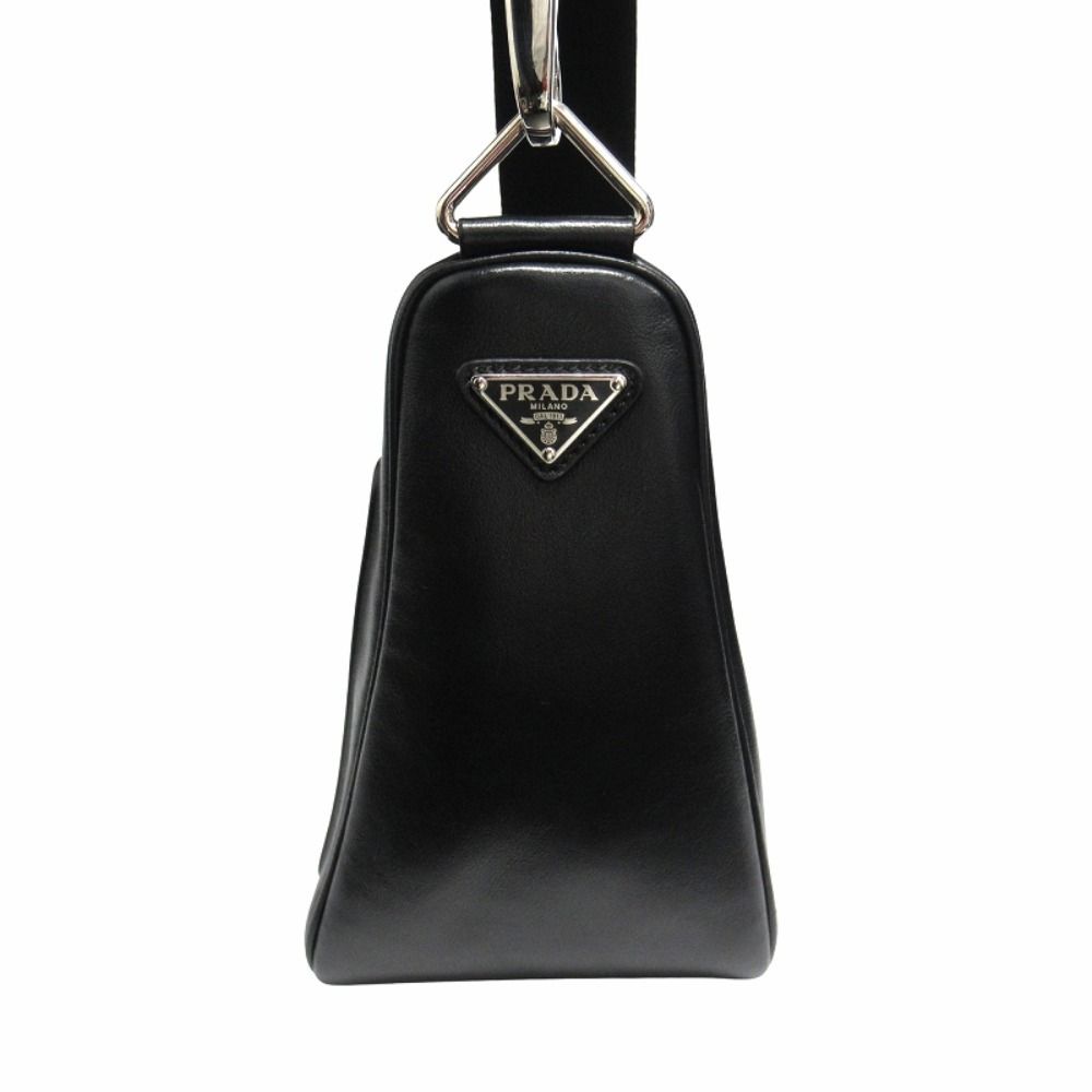 Prada Triangle Leather Shoulder Bag with Mini Pouch Crossbody Logo Black Silver