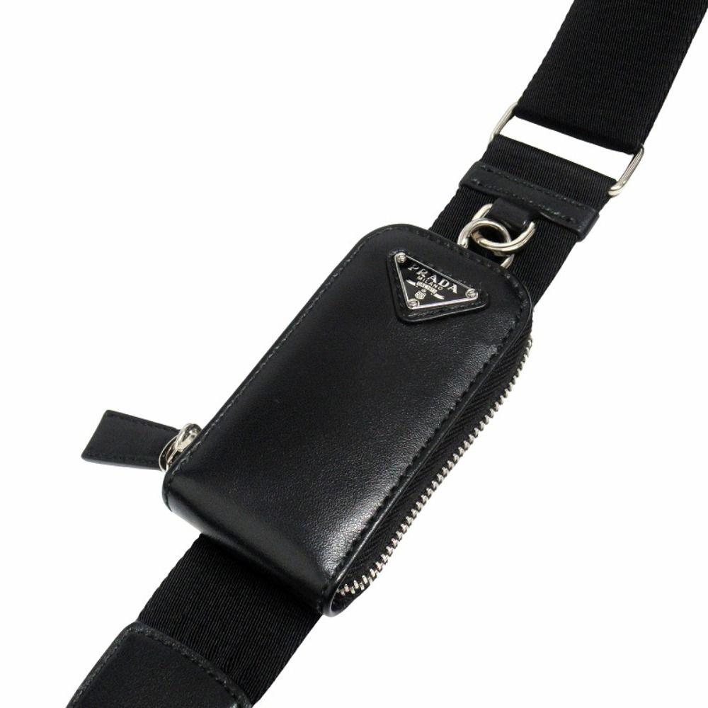 Prada Triangle Leather Shoulder Bag with Mini Pouch Crossbody Logo Black Silver