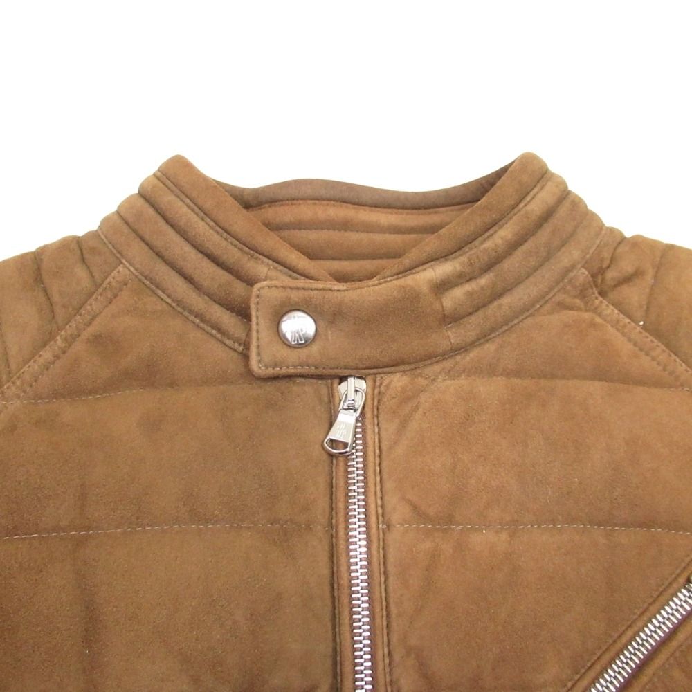 Moncler Ravni Sheep Leather Suede Biker Down Jacket Single Rider 2 Brown
