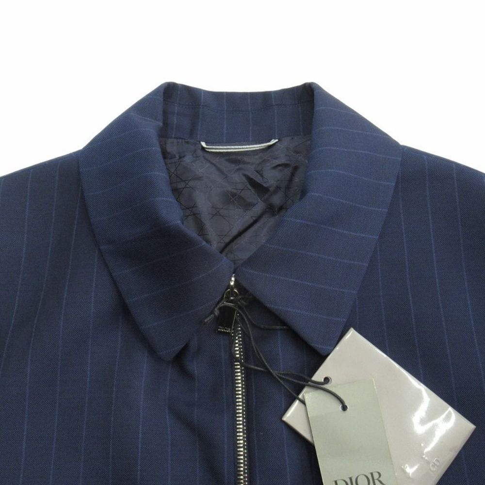 Dior CD Icon Tailored Zip Up Jacket Blue Leather Modern Tailor Ring Wool 48 Navy