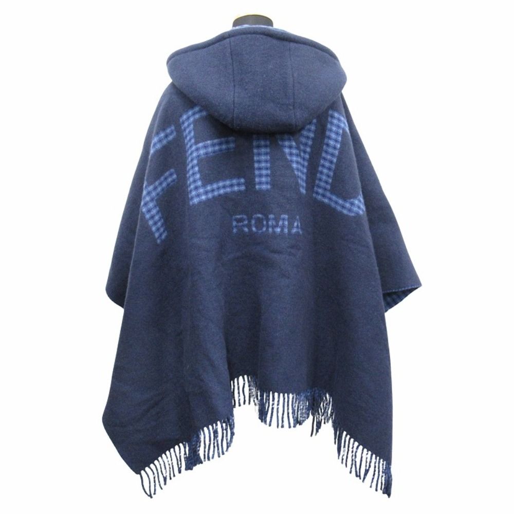 Fendi Back Logo Wool Cashmere Poncho Jacket Fringe Navy