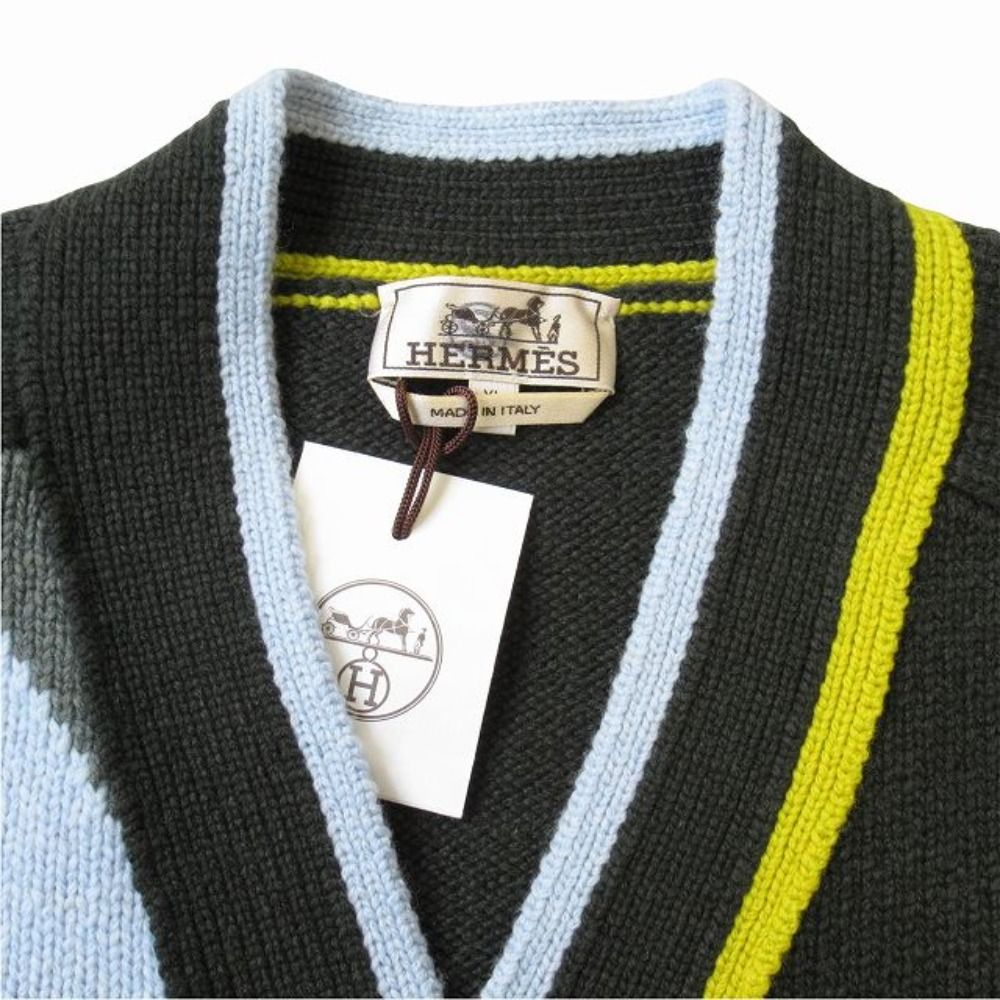 Hermes Tang Lambskin Striped Cardigan Top Cashmere Archive XL Green Multi