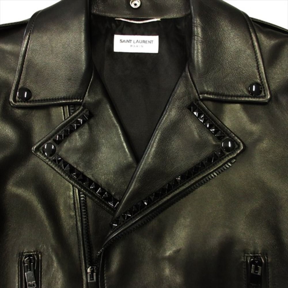 Saint Laurent Paris Studs All Black Double Rider Jacket Motorcycle Leather 52