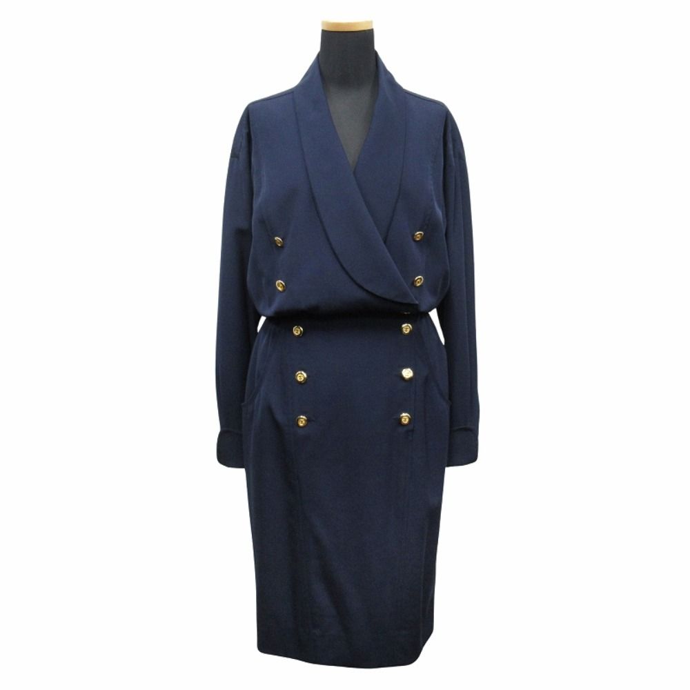 Chanel CC Logo Gold Button Dress Double Breast 38 Vintage Navy