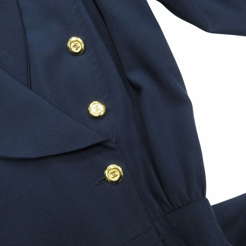 Chanel CC Logo Gold Button Dress Double Breast 38 Vintage Navy