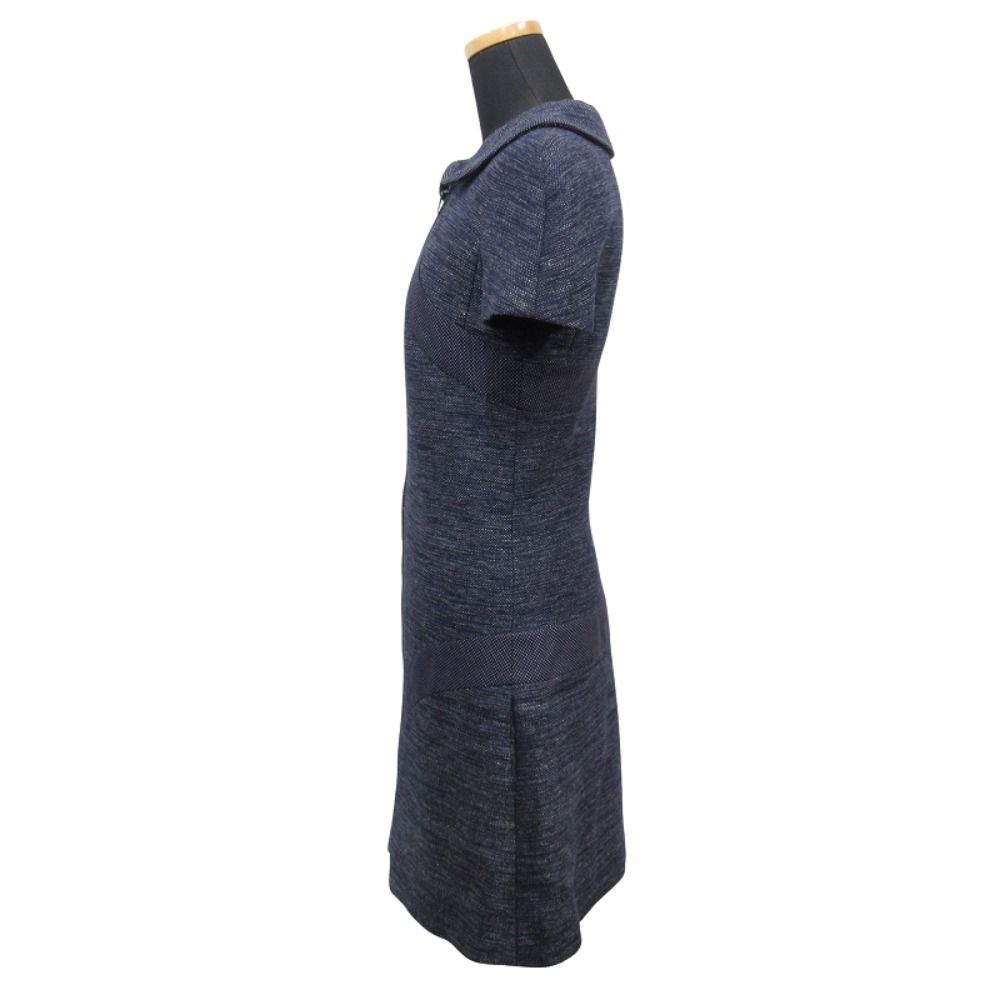 Chanel Denim Dress Dot Contrast Round Collar CC Logo Camellia Lining 34 Indigo