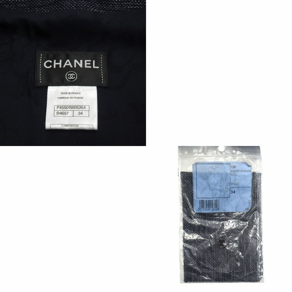 Chanel Denim Dress Dot Contrast Round Collar CC Logo Camellia Lining 34 Indigo