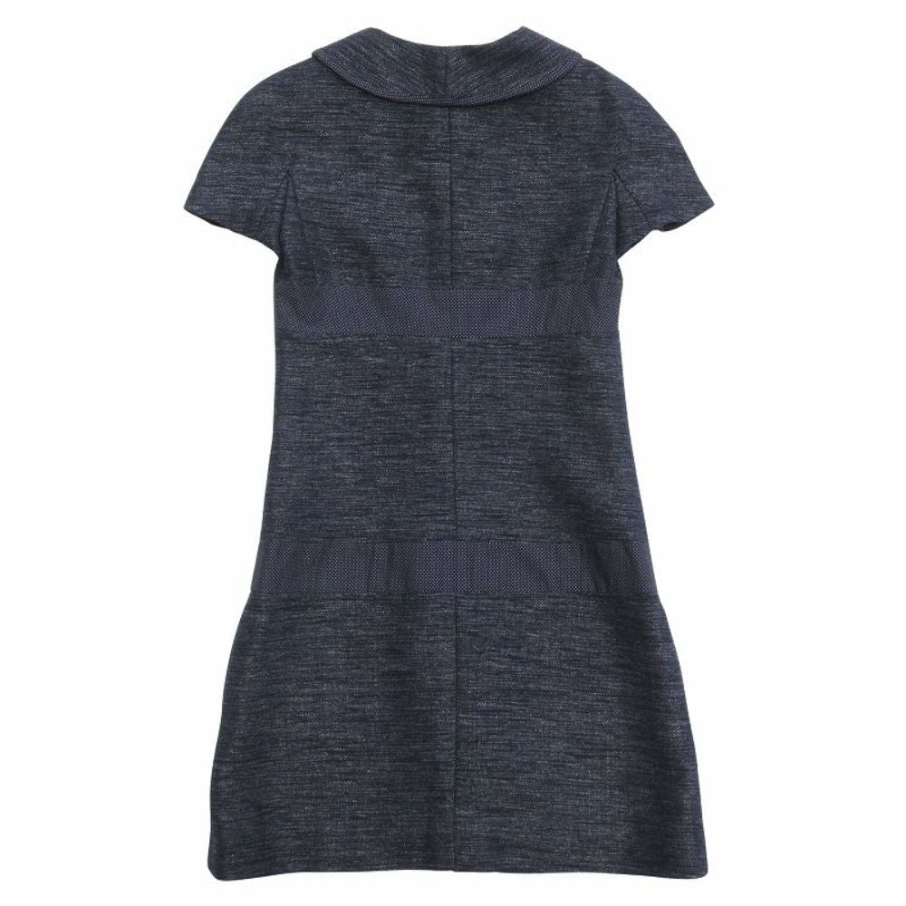 Chanel Denim Dress Dot Contrast Round Collar CC Logo Camellia Lining 34 Indigo
