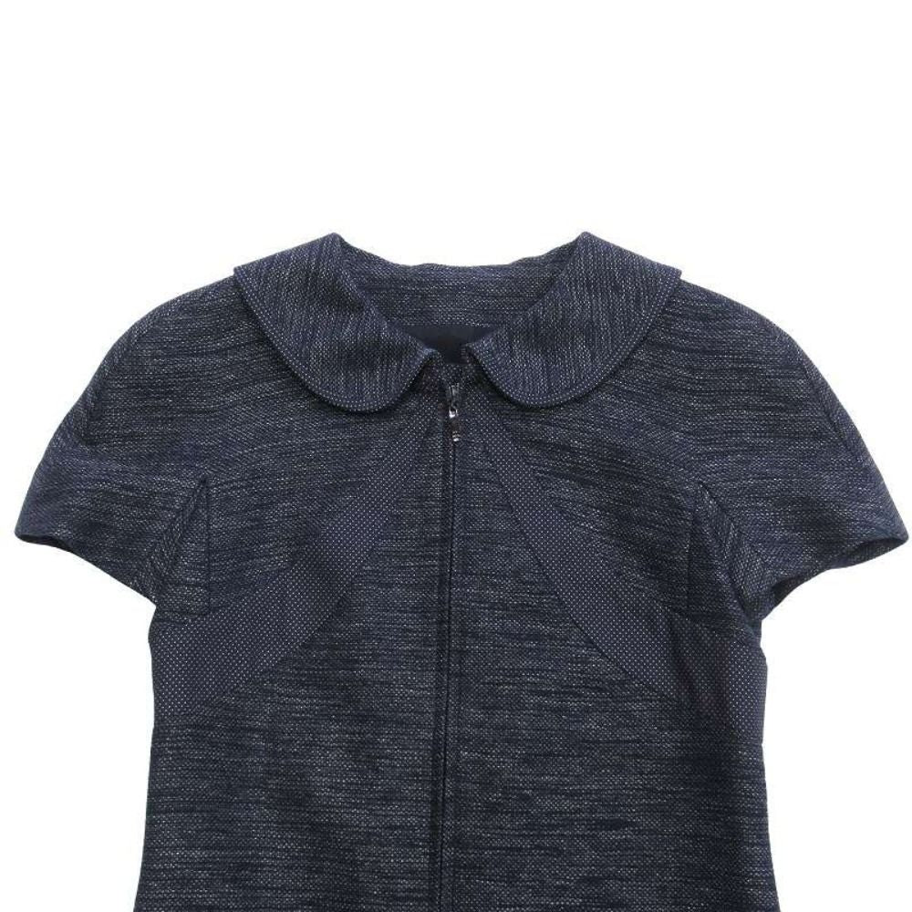 Chanel Denim Dress Dot Contrast Round Collar CC Logo Camellia Lining 34 Indigo