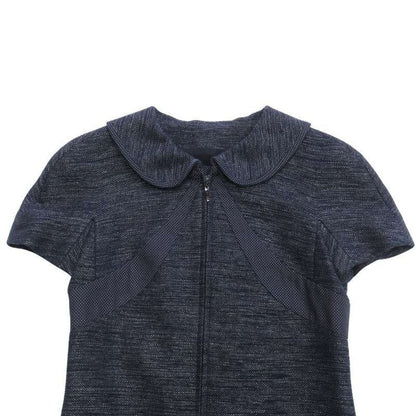Chanel Denim Dress Dot Contrast Round Collar CC Logo Camellia Lining 34 Indigo