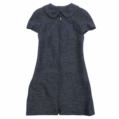 Chanel Denim Dress Dot Contrast Round Collar CC Logo Camellia Lining 34 Indigo